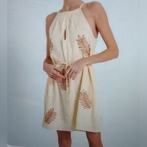 CIEBON KAI LEAF EMBROIDERED HALTER SLEEVELESS COTTON  DRESS W POCKETS Size XS